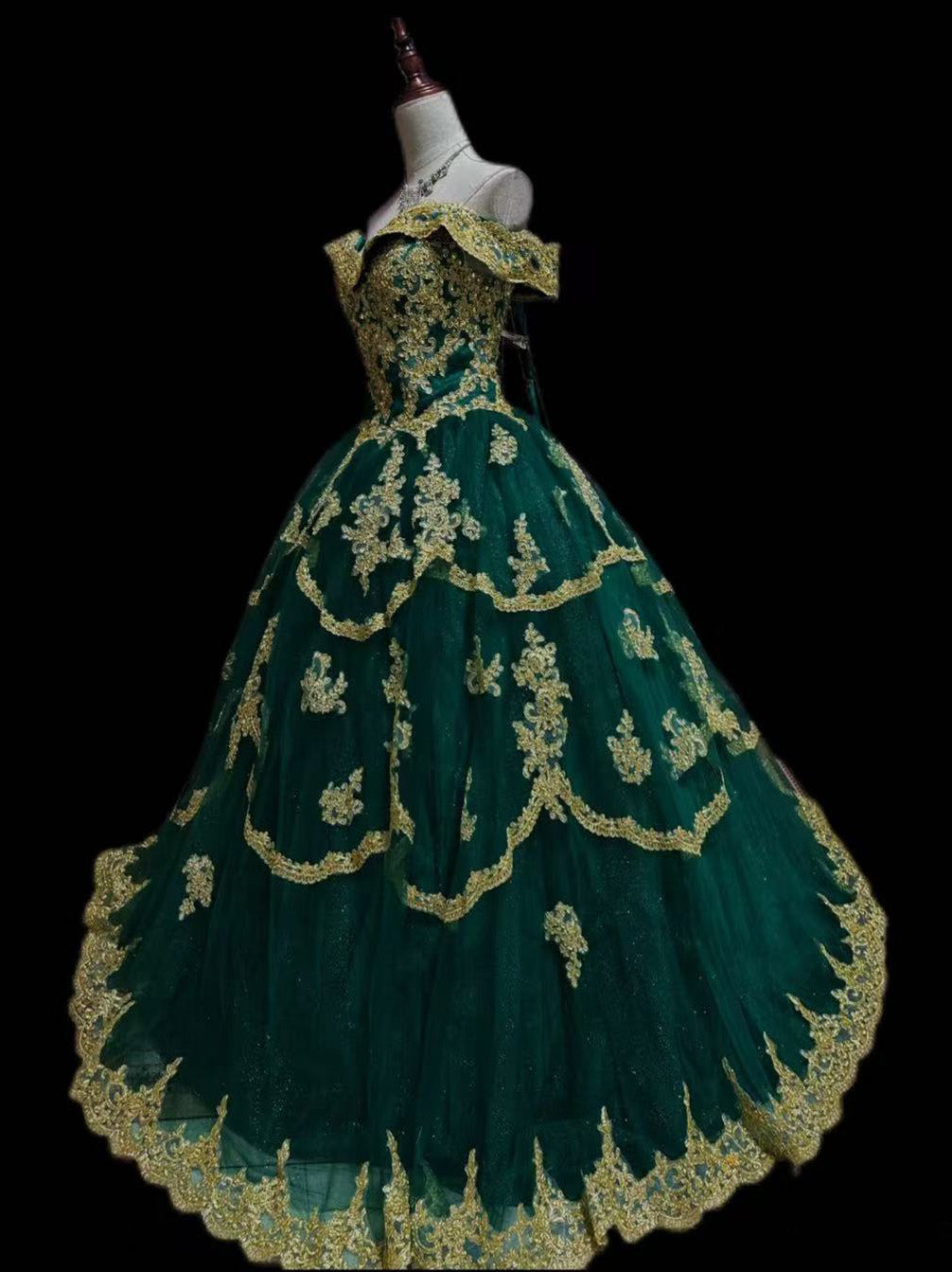 A-Line Tulle Lace Emerald Green Long Prom Dress