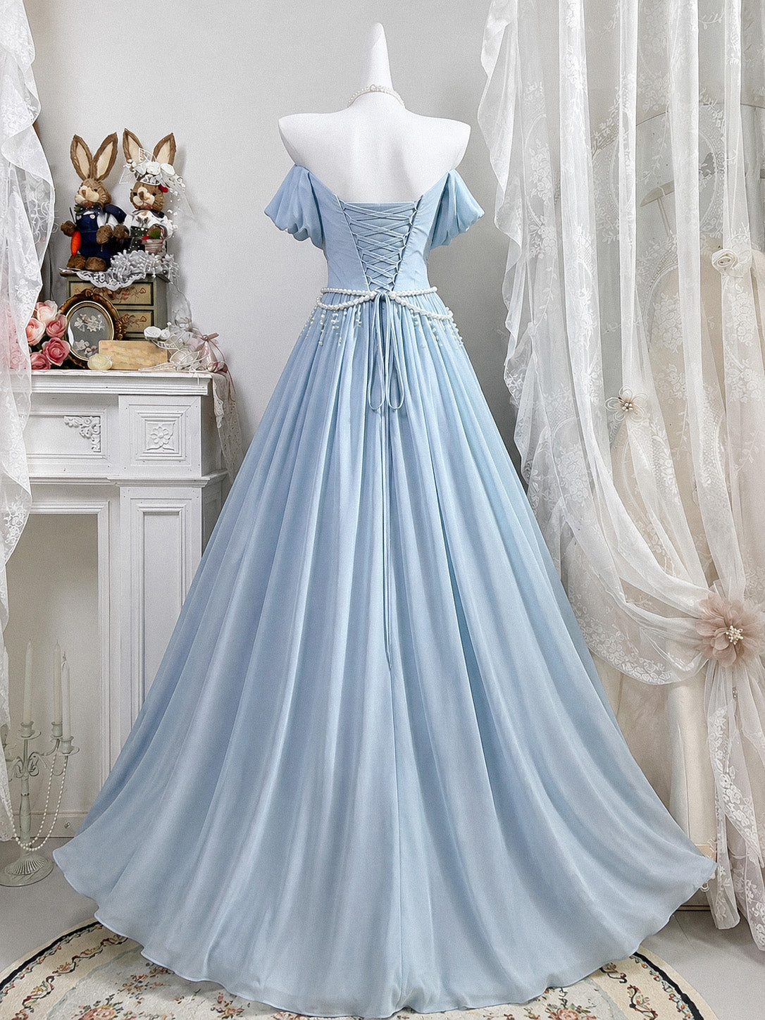 A-line Off Shoulder Satin Floor Length Prom Dress with Beads