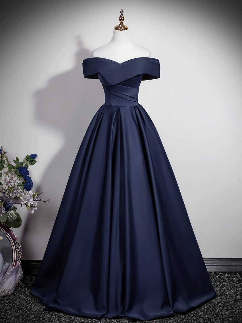 A-Line Off Shoulder Satin Dark Blue Long Prom Dress, Dark Blue Long Formal Dress