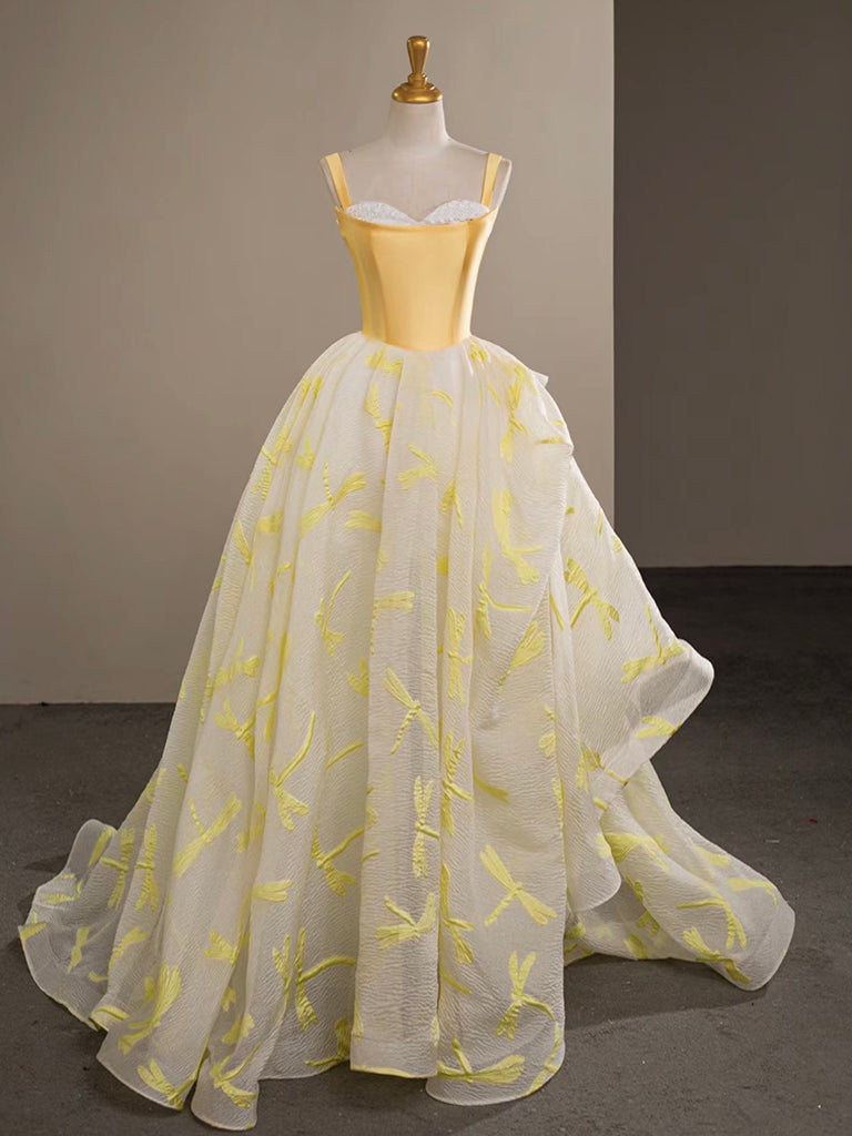 A-Line Satin Tulle Yellow Long Prom Dress, Yellow Graduation Dress