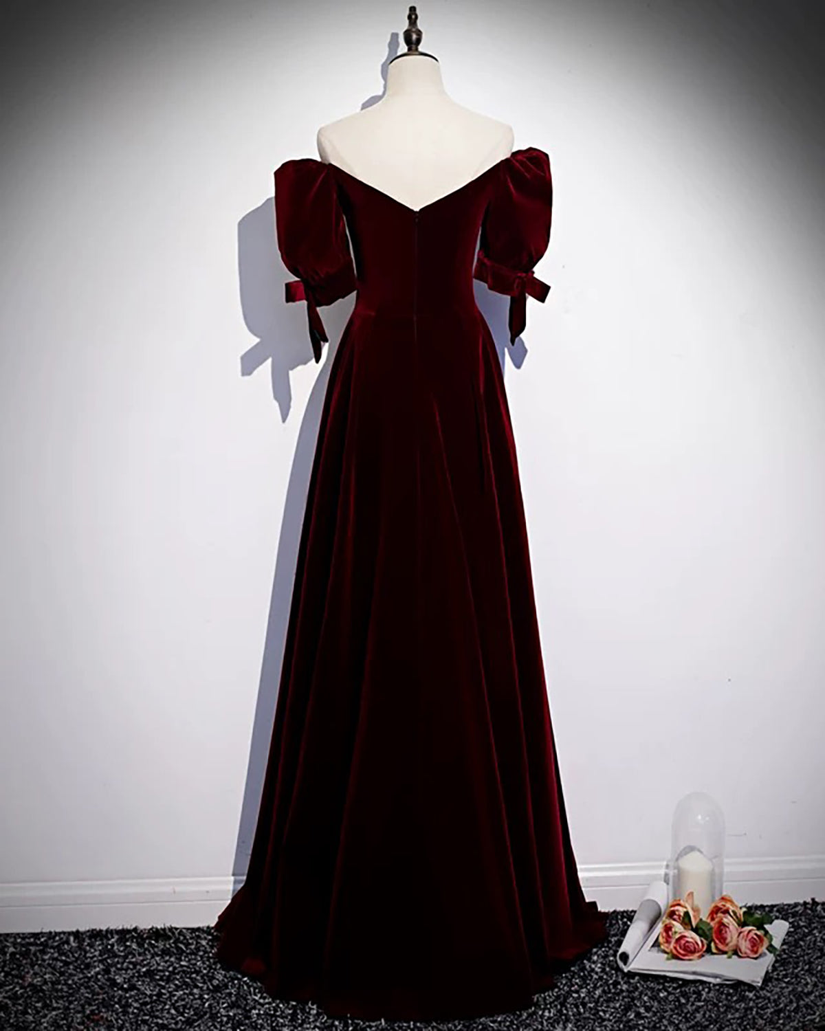 A-Line Puff Sleeves Velvet Burgundy Long Prom Dress