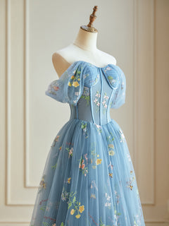 Blue A-Line Tulle Lace Long Prom Dress, Blue Lace Long Formal Dress