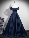A-Line Off Shoulder Satin Dark Blue Long Prom Dress, Dark Blue Long Formal Dress