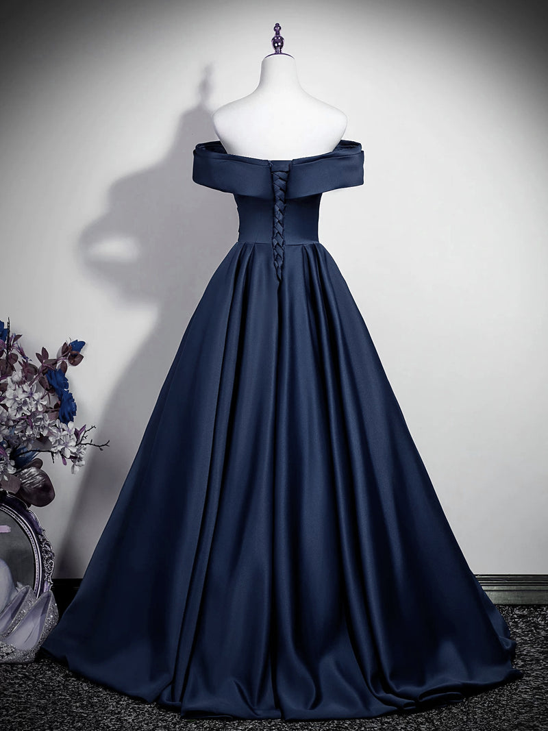 A-Line Off Shoulder Satin Dark Blue Long Prom Dress, Dark Blue Long Formal Dress