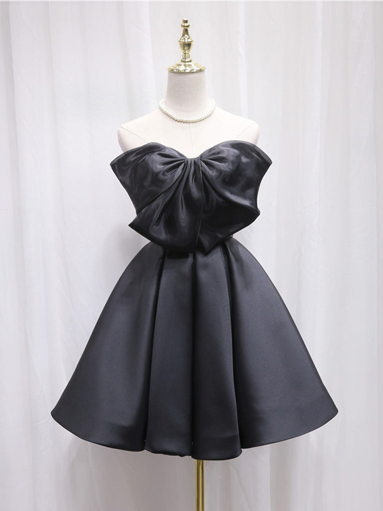 Black Sweetheart Neck Satin Short Prom Dress, Black Homecoming Dress
