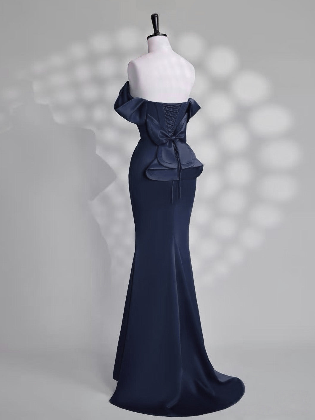 Mermaid Off Shoulder Satin Dark Blue Long Prom Dress with Beads