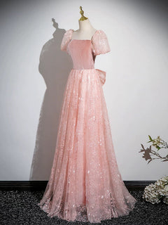 A-Line Tulle Lace Velvet Pink Long Prom Dress, Pink Long Formal Dress