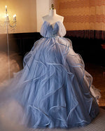 A-Line V Neck Tulle Lace Gray Blue Long Prom Dress, Blue Long Sweet 16 Dress