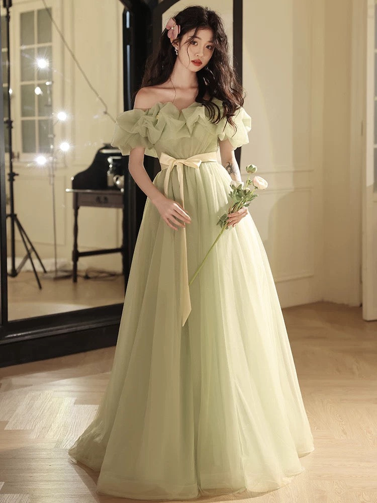 A-Line Off Shoulder Tulle Green Long Prom Dress, Green Long Formal Dress