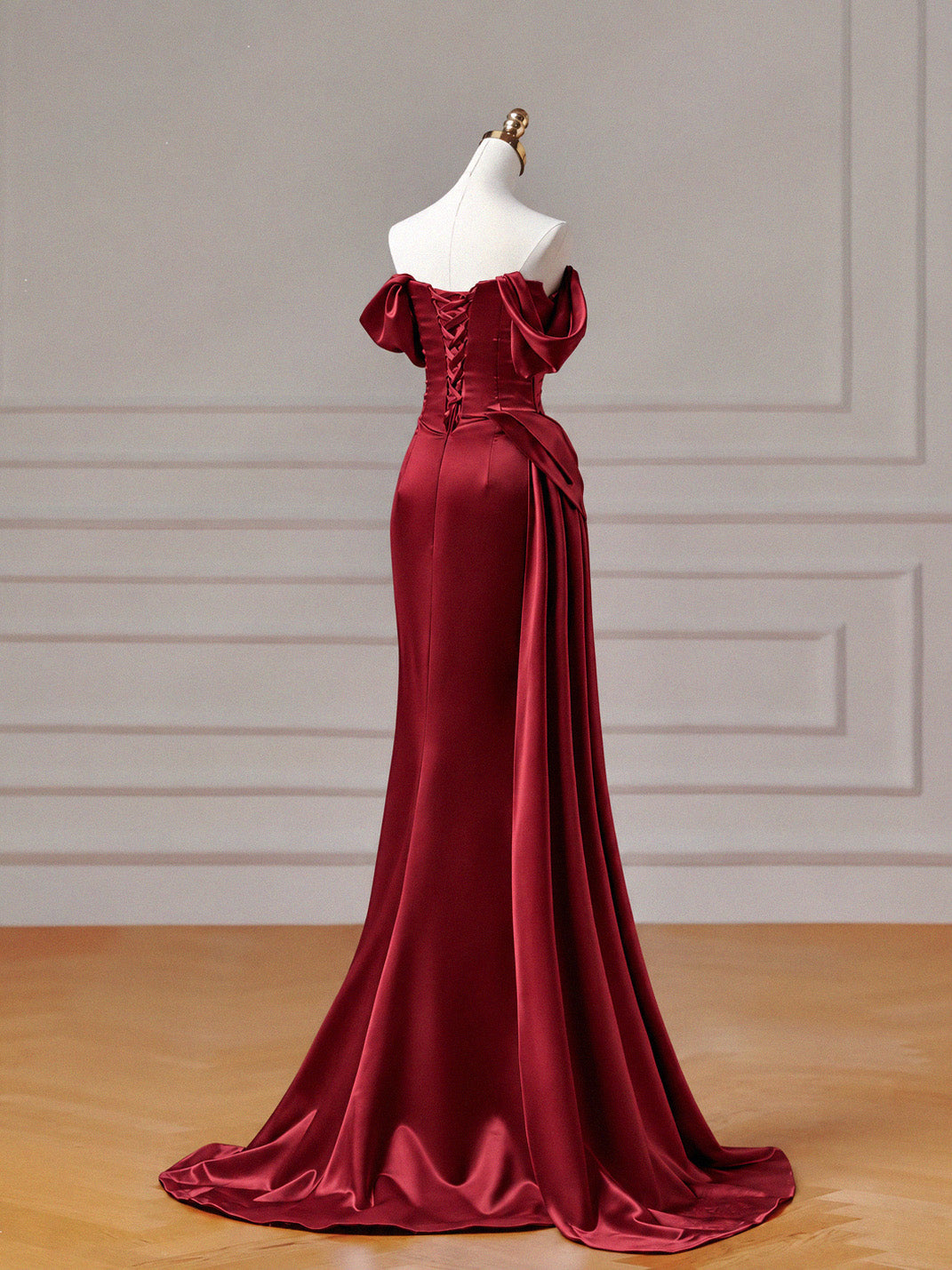 Mermaid Off Shoulder Satin Long Burgundy Prom Dress with Beads