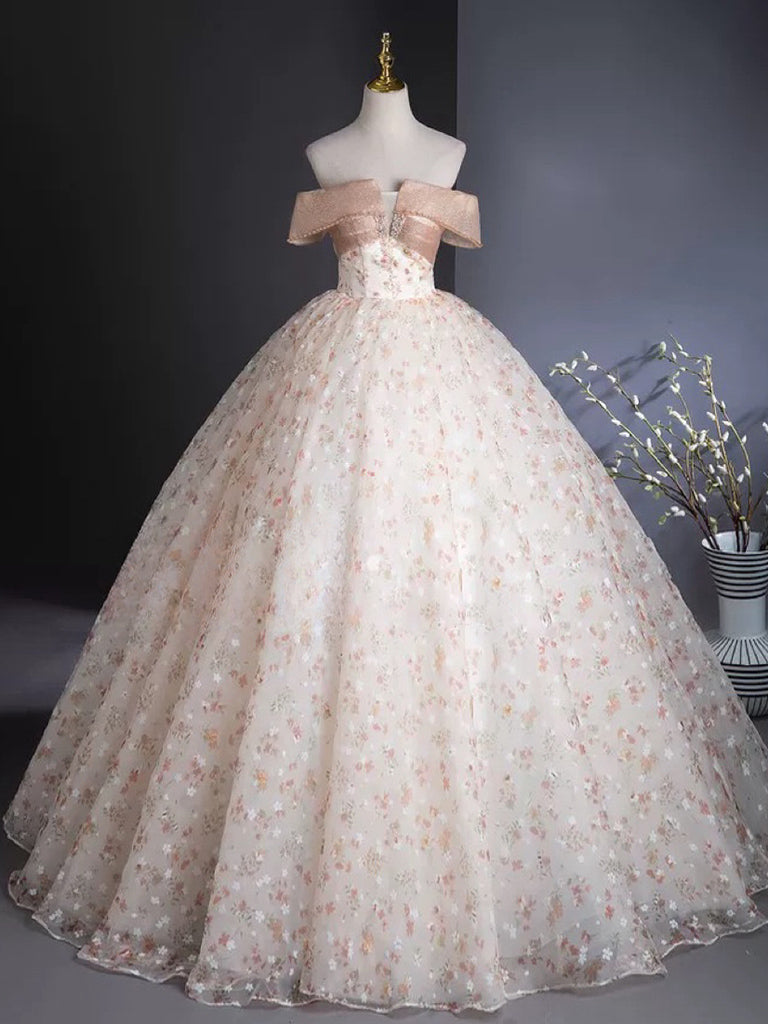 A-Line Off Shoulder Tulle Lace Champagne Long Prom Dress