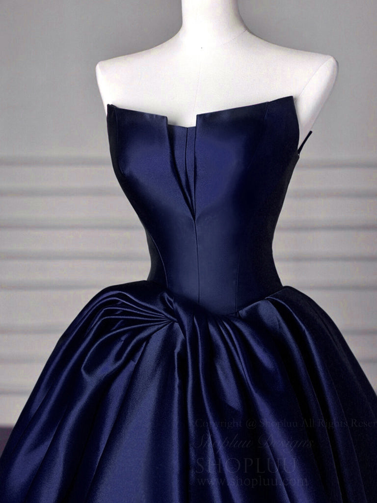 A-Line Off Shoulder Satin Dark Blue Long Prom Dress, Dark Blue Long Fo