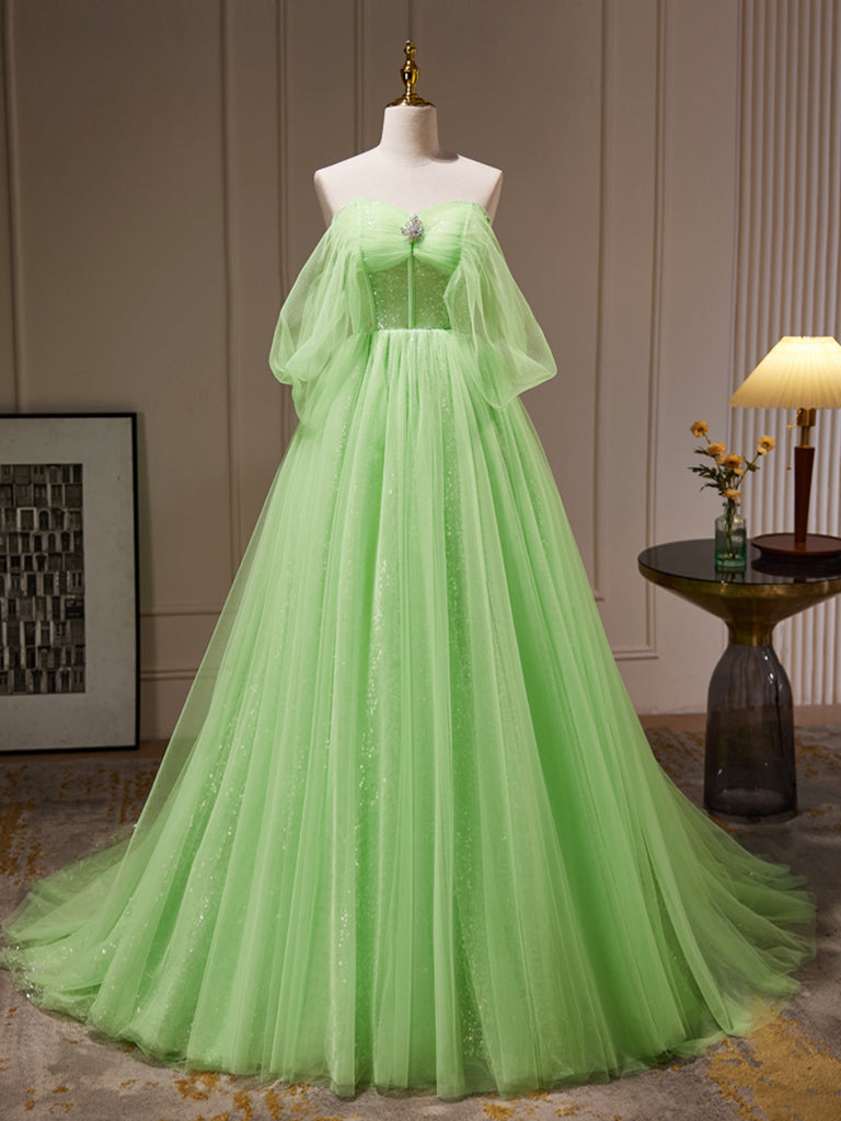 A-Line Sweetheart Neck Tulle Green Long Prom Dress, Green Tulle Long Evening Dress US 8 / Blue
