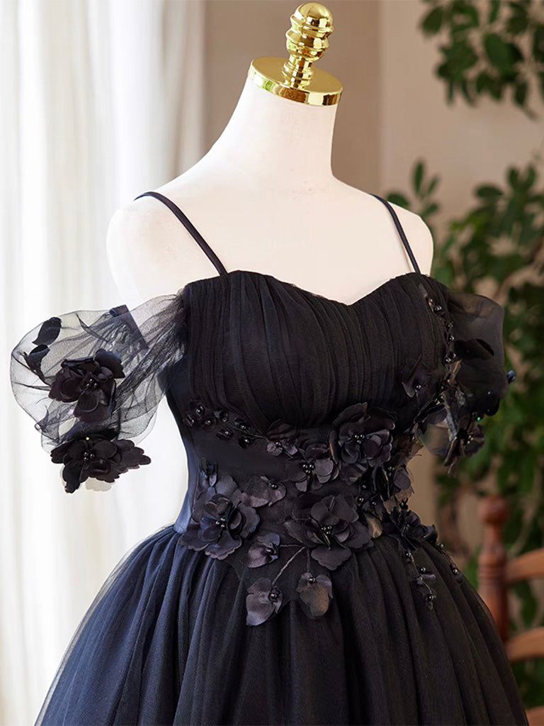 A-Line Sweetheart Neck Tulle Flower Black Short Prom Dress, Black Homecoming Dress