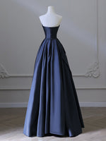 A-Line V Neck Satin Dark Blue Long Prom Dress, Dark Blue Long Formal Dress