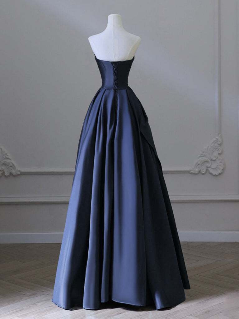 A-Line V Neck Satin Dark Blue Long Prom Dress, Dark Blue Long Formal D shopluu A-Line V Neck Satin Dark Blue Long Prom Dress, Dark Blue Long Formal D shopluu
