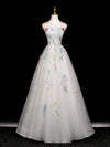 A-Line Long Sleeves Tulle White Long Prom Dress, White Long Graduation Dress