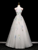 A-Line Long Sleeves Tulle White Long Prom Dress, White Long Graduation Dress