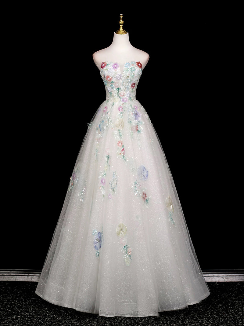 A-Line Long Sleeves Tulle White Long Prom Dress, White Long Graduation Dress