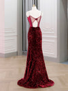 Simple Mermaid Sequin Burgundy Long Prom Dress, Burgundy Evening Dress
