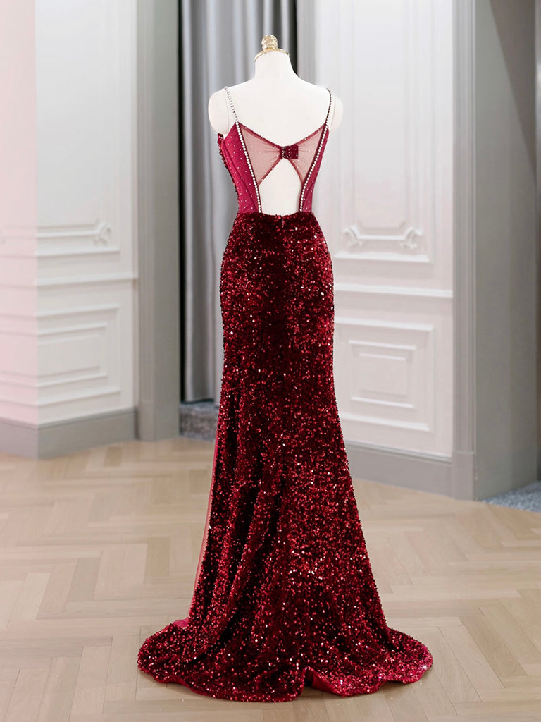 Simple Mermaid Sequin Burgundy Long Prom Dress, Burgundy Evening Dress