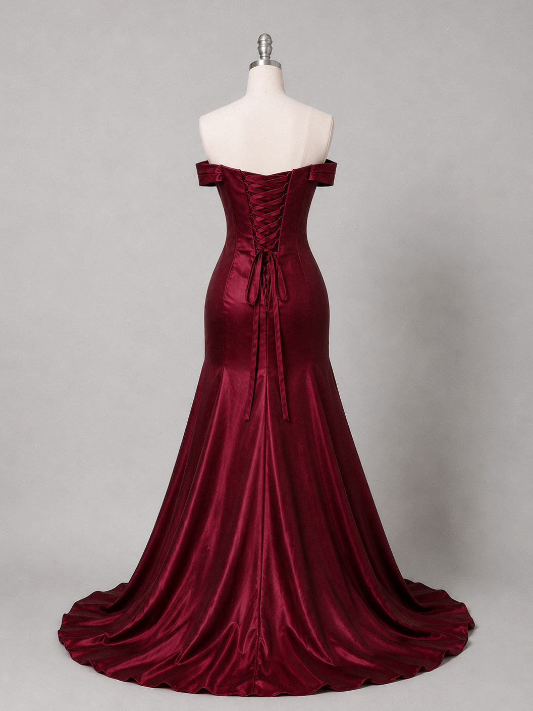 Mermaid Sweetheart Off Shoulder Satin Ruffles Burgundy Long Prom Dress