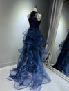 A-Line Tulle Sequin Dark Blue Long Prom Dress, Dark Blue Long Formal Dress