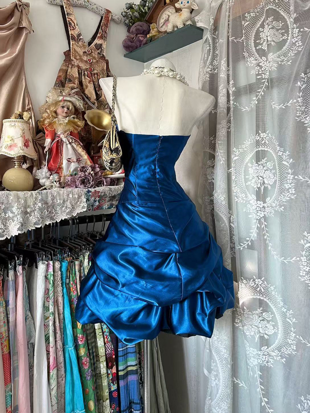80s prom dress blue Mermaid Sweetheart Satin Sequin Dark Long with Beads Google_New Every day with it Color:Navy Polka Dot Flare Dress Black Dress