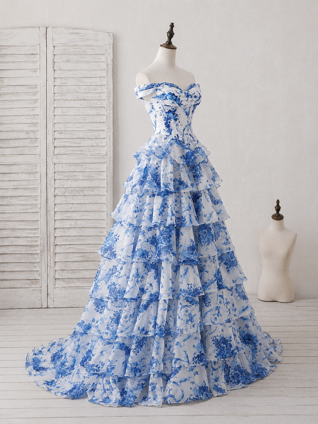 A-line Sweetheart Off Shoulder Printed Chiffon Blue Long Prom Dress
