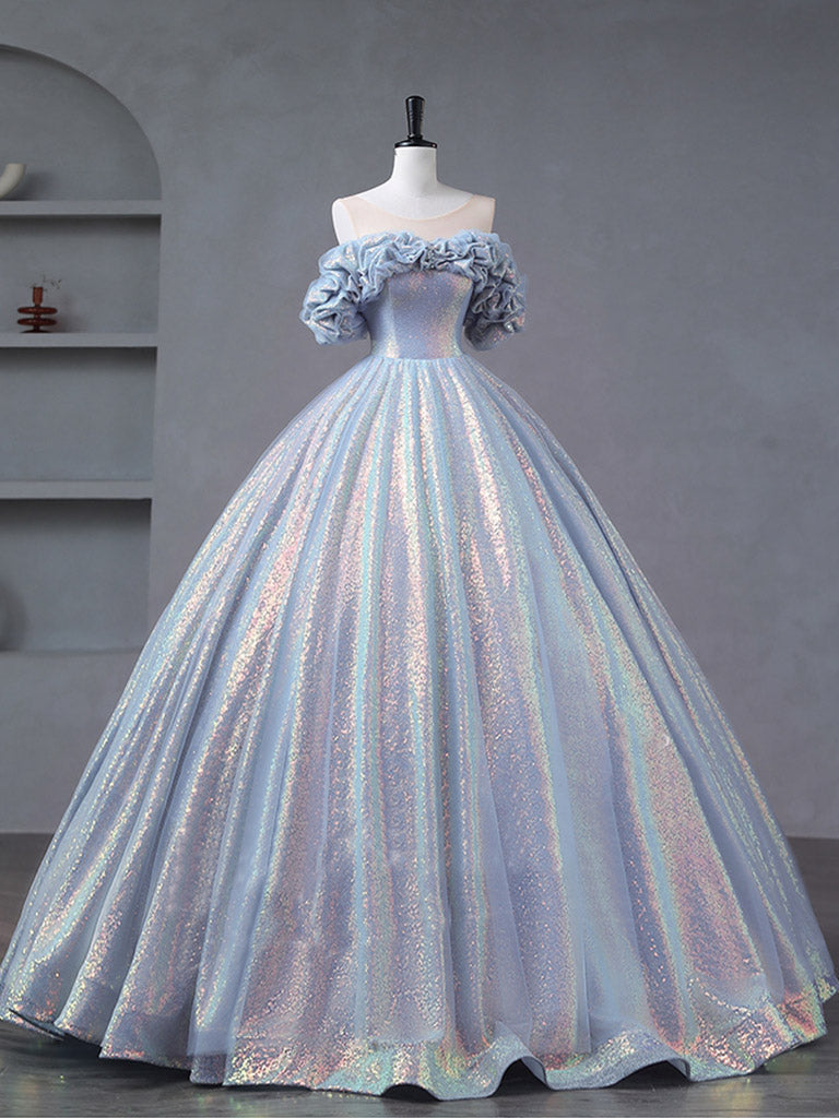 A-Line Off Shoulder Tulle Sequin Blue Purple Long Prom Dress, Sequin Formal Dress