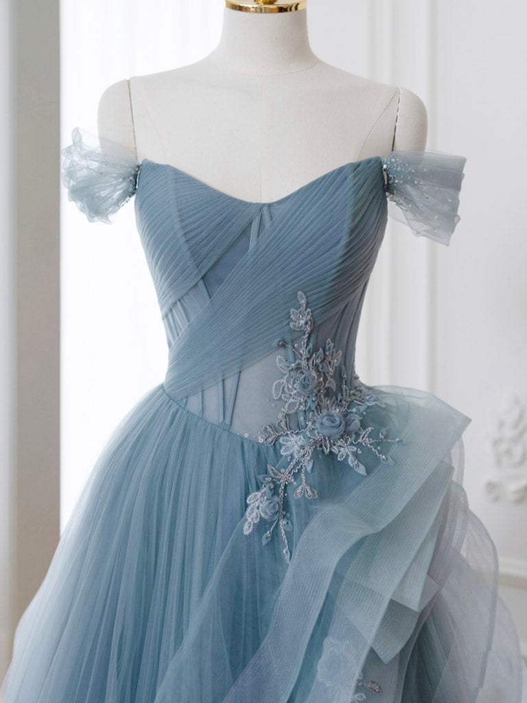 A-Line off Shoulder Tulle Lace Gray Blue Long Prom Dress, Blue Long Formal Dress