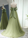 A-Line Off Shoulder Tulle Sequin Green Long Prom Dress, Green Long Formal Dress