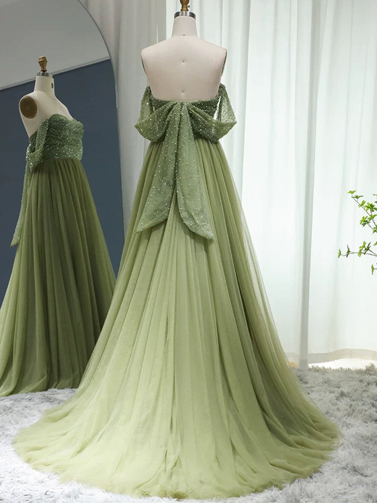 A-Line Off Shoulder Tulle Sequin Green Long Prom Dress, Green Long Formal Dress