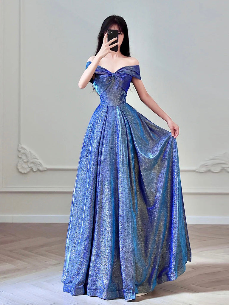 Simple A-Line Shiny Satin Blue Long Prom Dress, Blue Long Formal Dress – shopluu