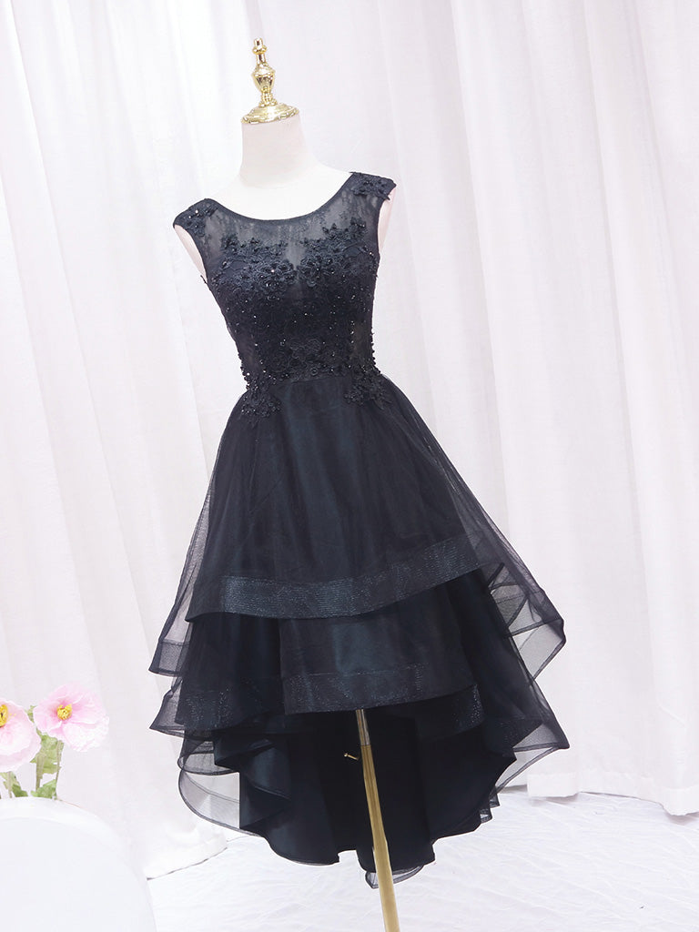 A-Line Lace Tulle Black Short Prom Dress, High Low Black Homecoming Dr shopluu A-Line Lace Tulle Black Short Prom Dress, High Low Black Homecoming Dr shopluu