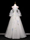 A-Line Long Sleeves Tulle White Long Prom Dress, White Long Graduation Dress