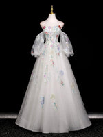A-Line Long Sleeves Tulle White Long Prom Dress, White Long Graduation Dress