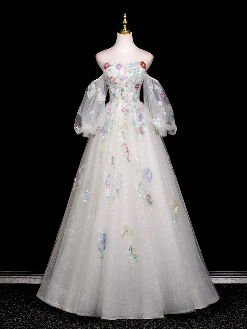 A-Line Long Sleeves Tulle White Long Prom Dress, White Long Graduation Dress