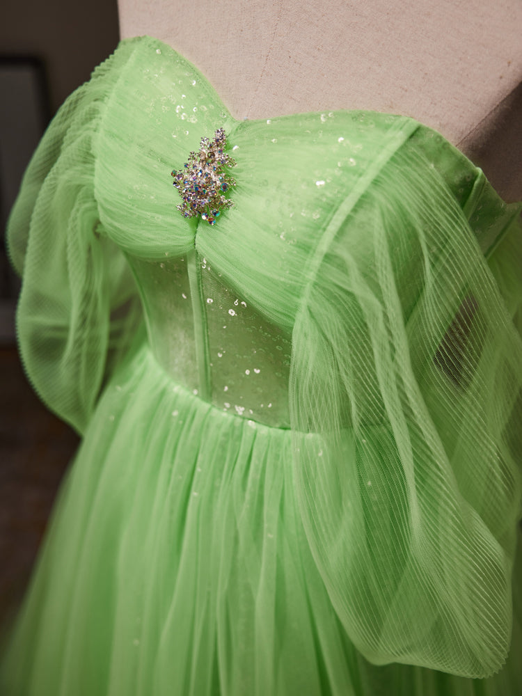 A-Line Sweetheart Neck Tulle Green Long Prom Dress, Green Tulle Long Evening Dress