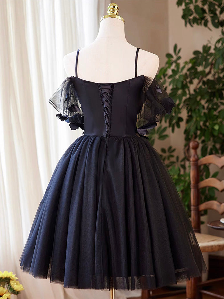 A-Line Sweetheart Neck Tulle Flower Black Short Prom Dress, Black Homecoming Dress