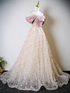 A-Line Off Shoulder Tulle Lace Champagne Long Prom Dress