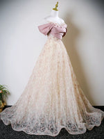 A-Line Off Shoulder Tulle Lace Champagne Long Prom Dress