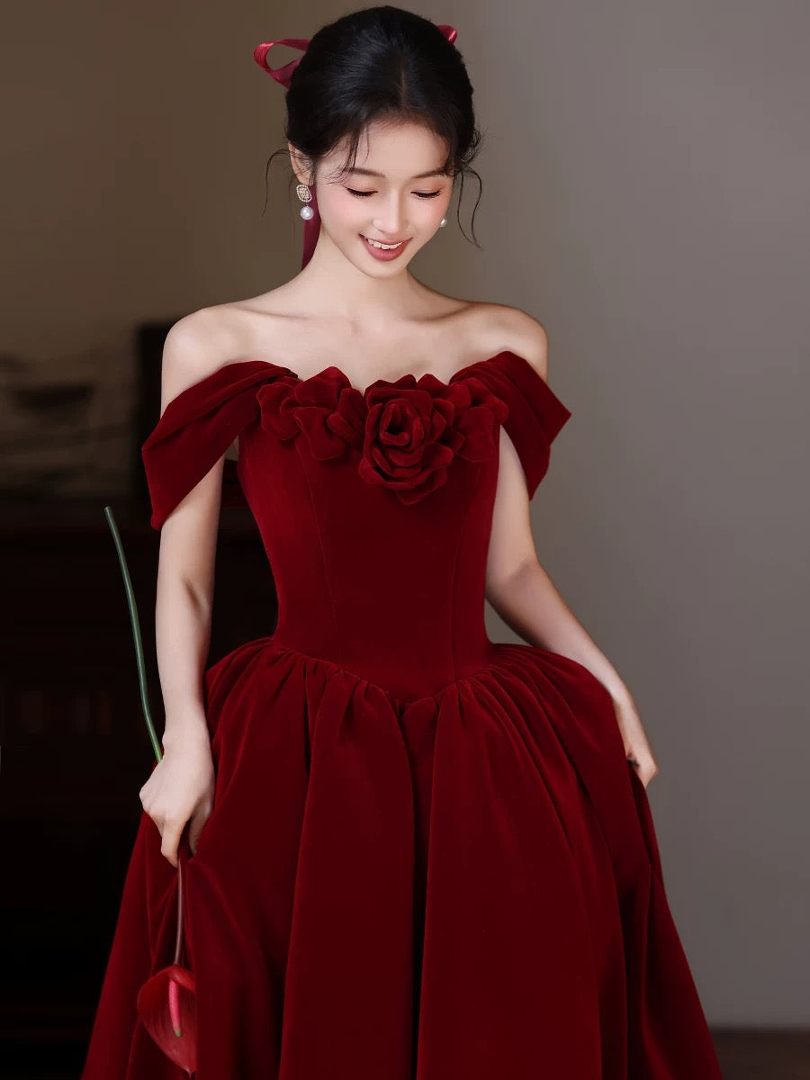 Sweetheart Off Shoulder Velvet Floor Length Burgundy Long Prom Dress