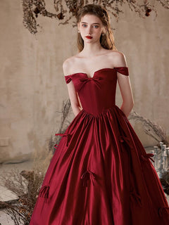 A-Line Off Shoulder Satin Burgundy Long Prom Dress, Burgundy Formal Dress