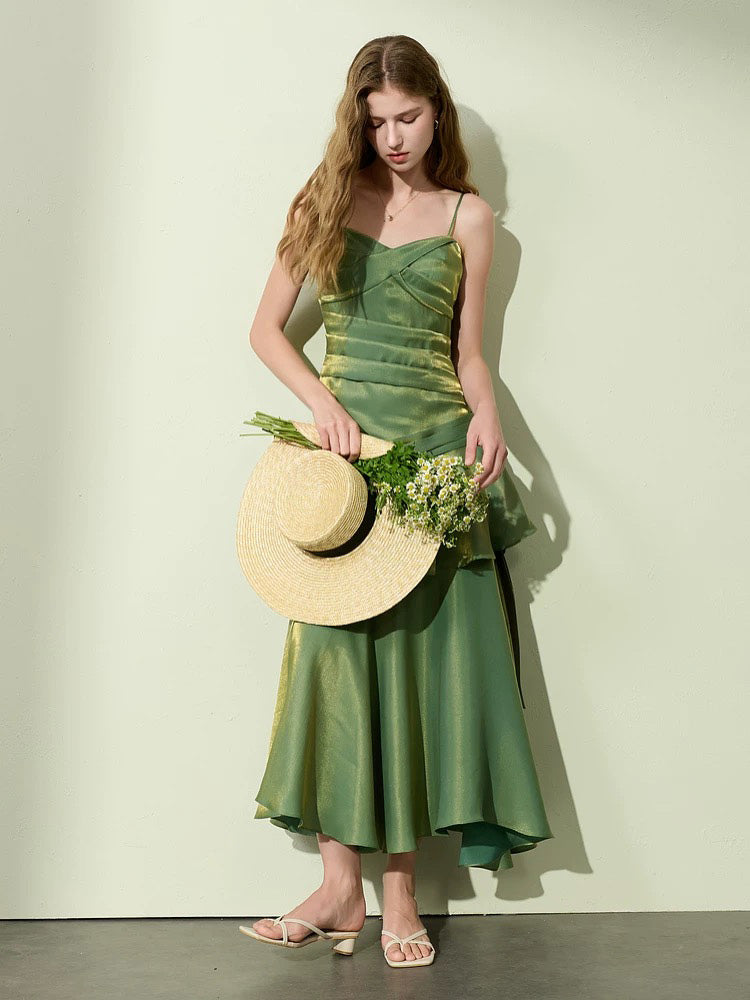 A-line Sweetheart Tea Length Silk Green Prom Dress