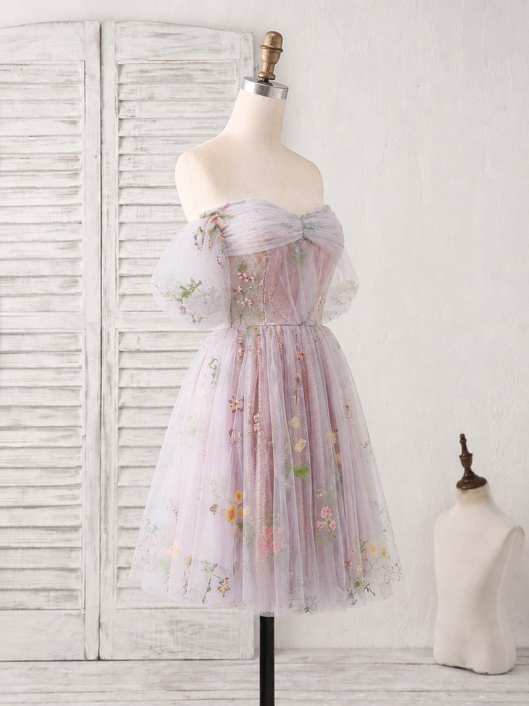 A-line Sweetheart Neck Off Shoulder Tulle Lace Purple Homecoming Dress