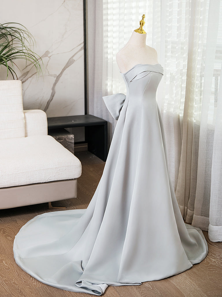 A-Line Sweetheart Neck Satin Gray Long Prom Dress, Gray Long Formal Dress