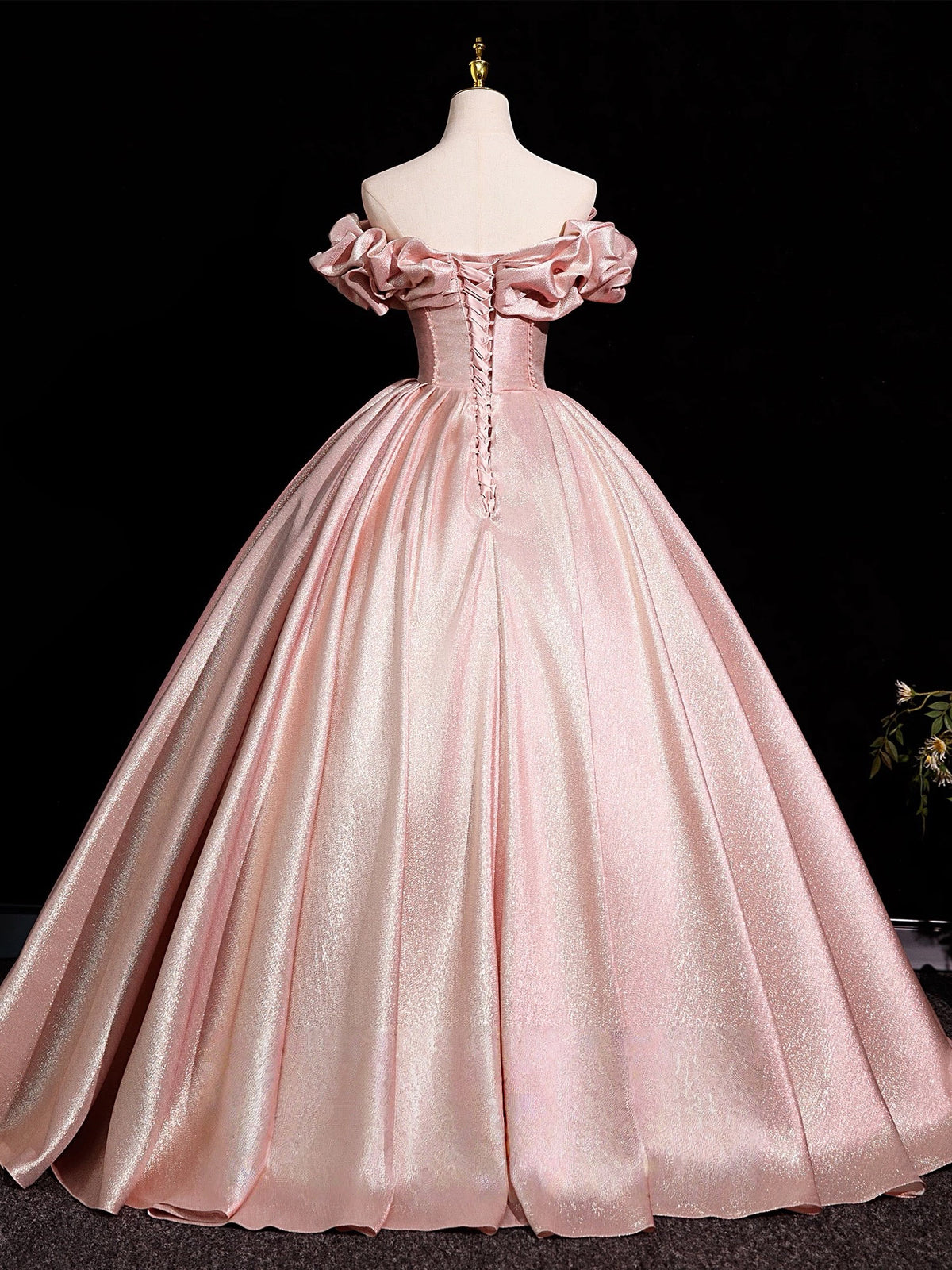A-Line Off Shoulder Satin Floor Length Pink Long Prom Dress With Beads