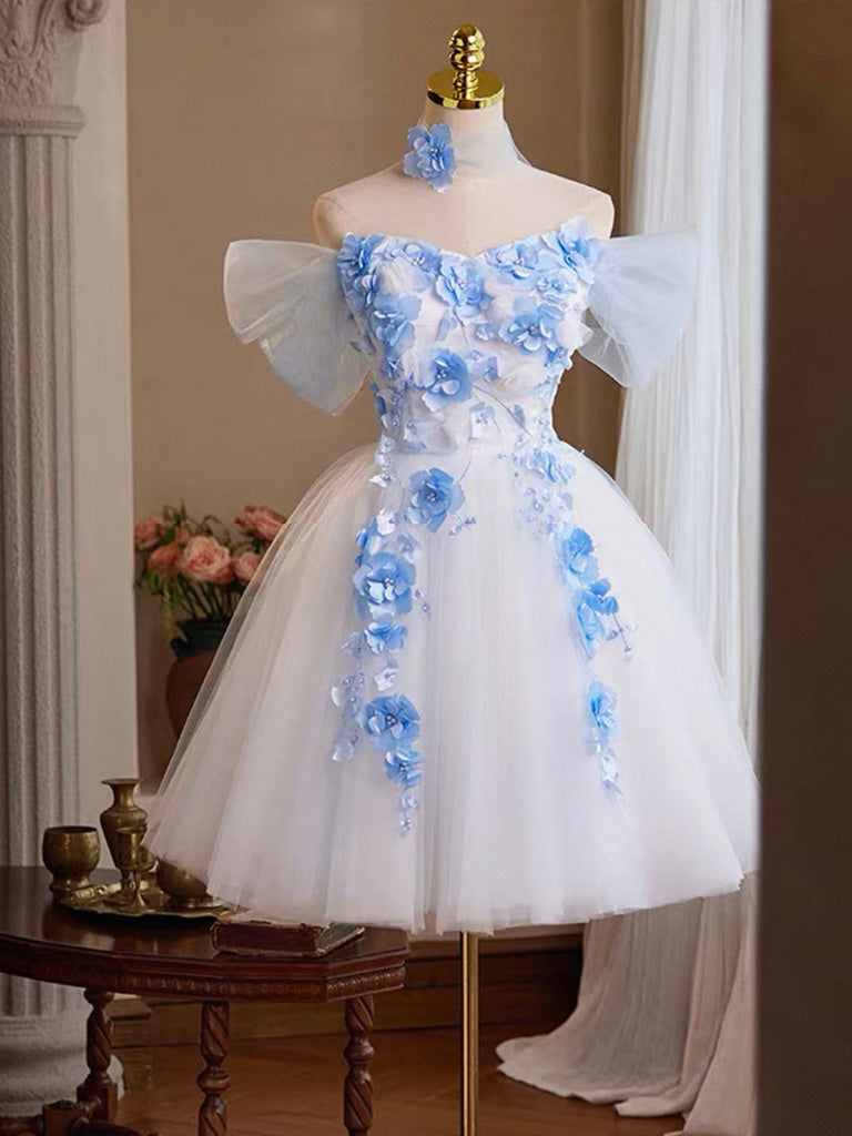 A-Line Tulle Flower White Short Prom Dress, White Homecoming Dress – shopluu