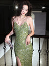 Simple V Neck Mermaid Sequin Green Prom Dress, Backless Green Party Dress